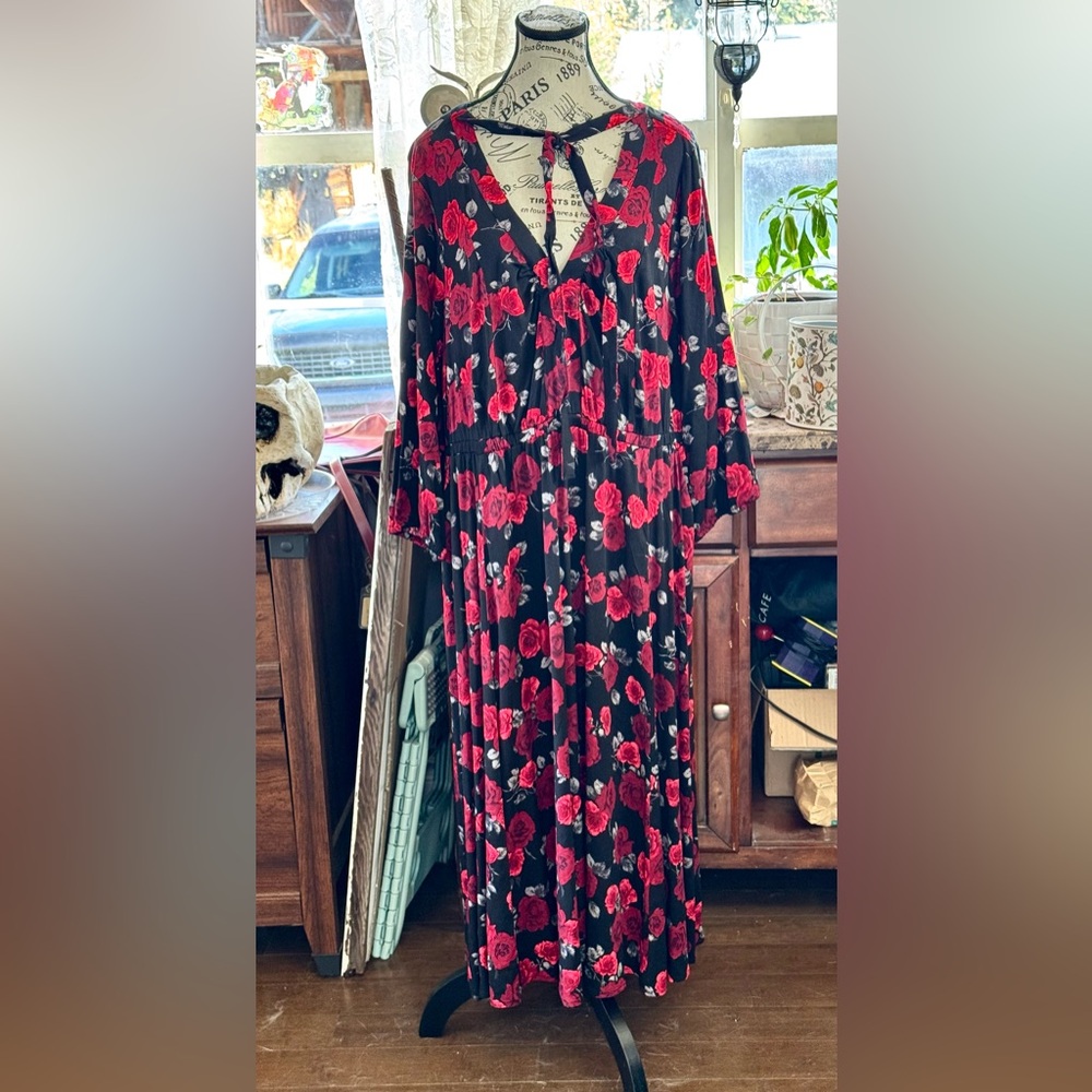 Torrid Black and Red Floral Maxi Dress with Tie Neck